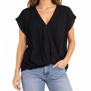 Michael Stars Black Gauze Wrap Front V-Neck Top Cotton Made in USA XS